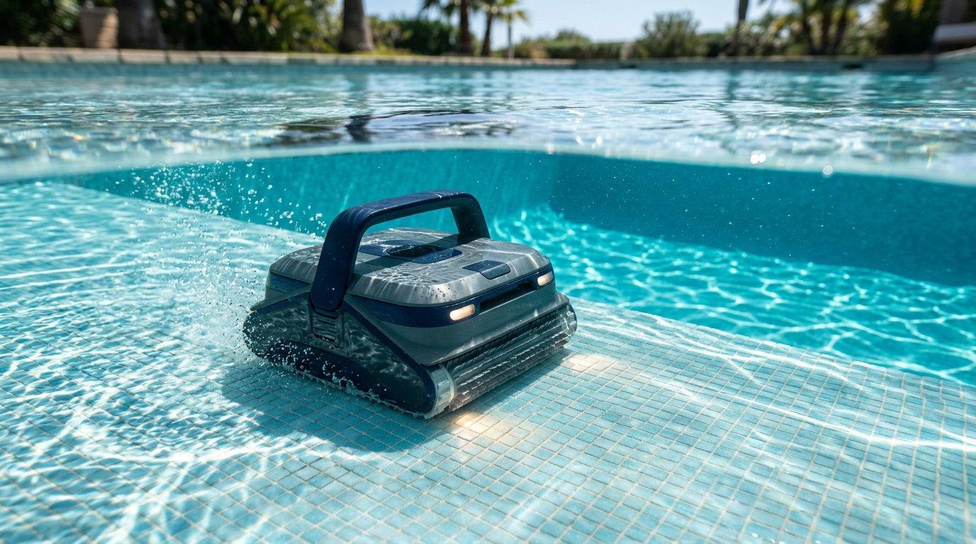 Beatbot AquaSense X autonomous pool cleaner cleaning a turquoise pool editorial photo