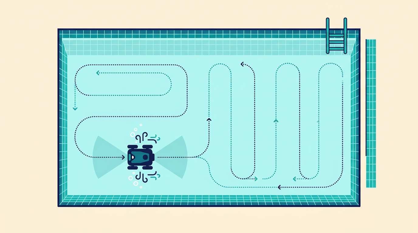 Beatbot AquaSense X pool coverage and sensor pattern editorial diagram