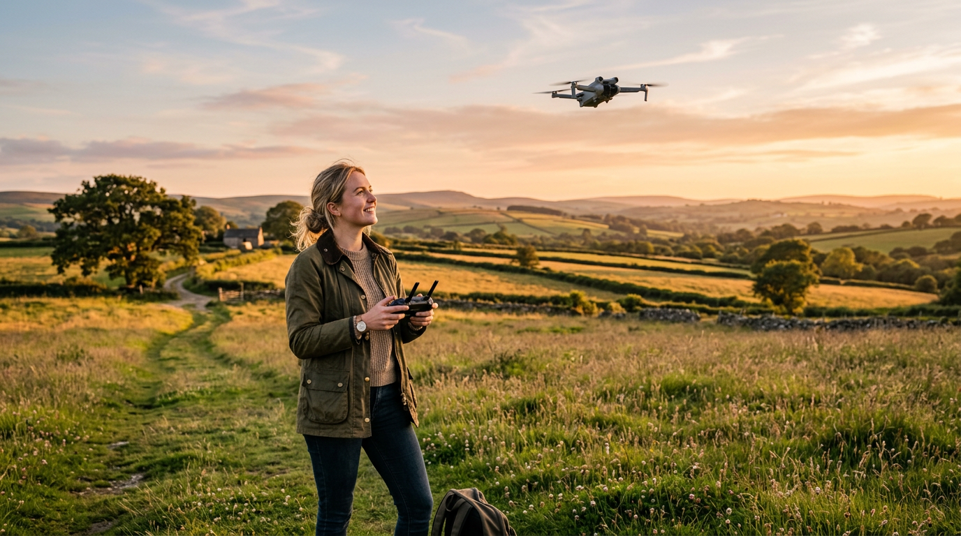 Beginner pilot flying a small consumer drone in a wide UK countryside field at golden hour with controller in hand