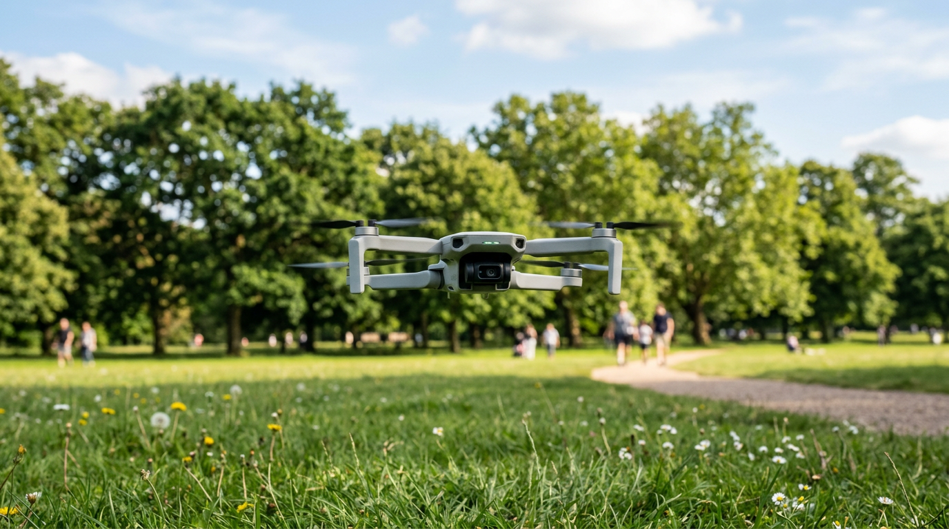 Compact beginner-class quadcopter drone hovering above a green grass field in a sunny park