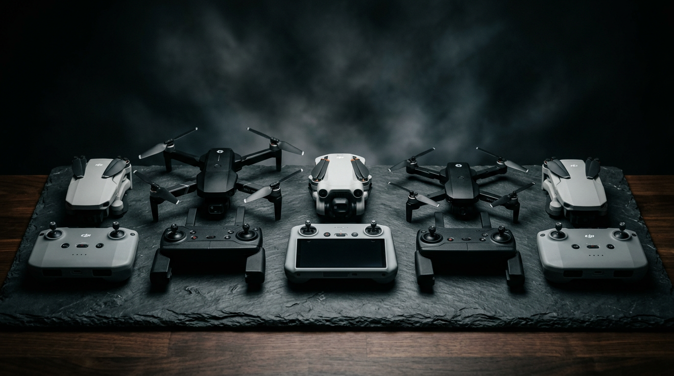 Lineup of beginner-friendly consumer drones including DJI Mini and Holy Stone on a slate surface with their controllers