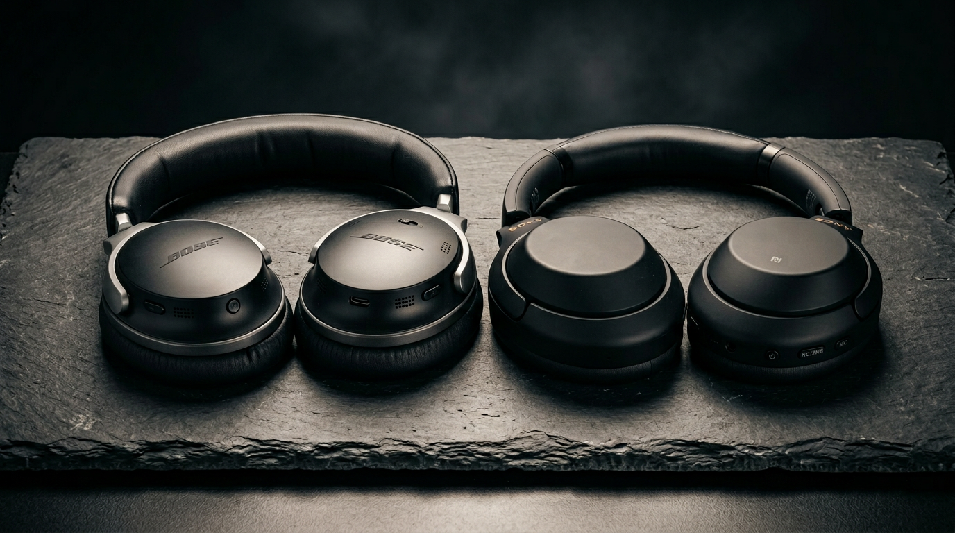 Bose QuietComfort Ultra and Sony WH-1000XM6 over-ear headphones side by side on a slate surface in studio lighting