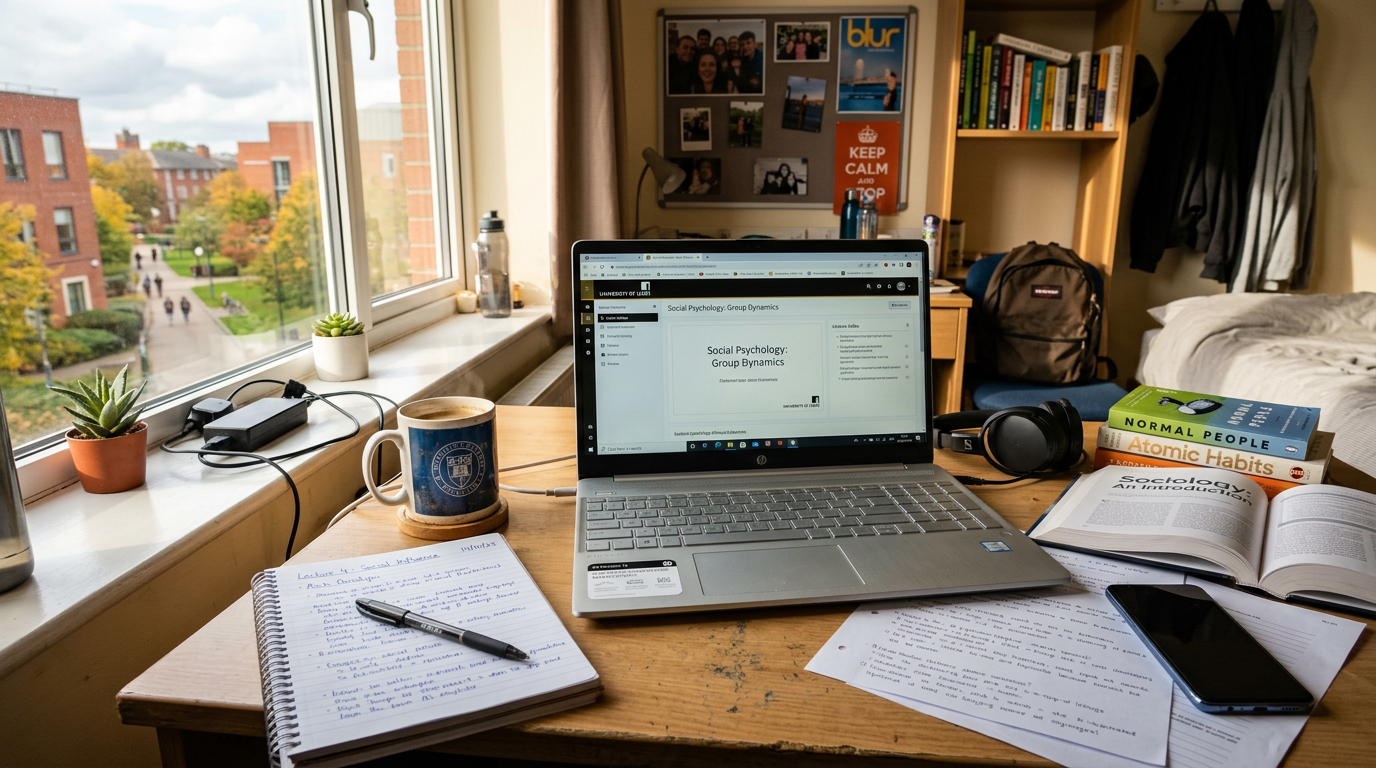 UK university student working on a budget Chromebook at a wooden study desk with notebooks and a coffee
