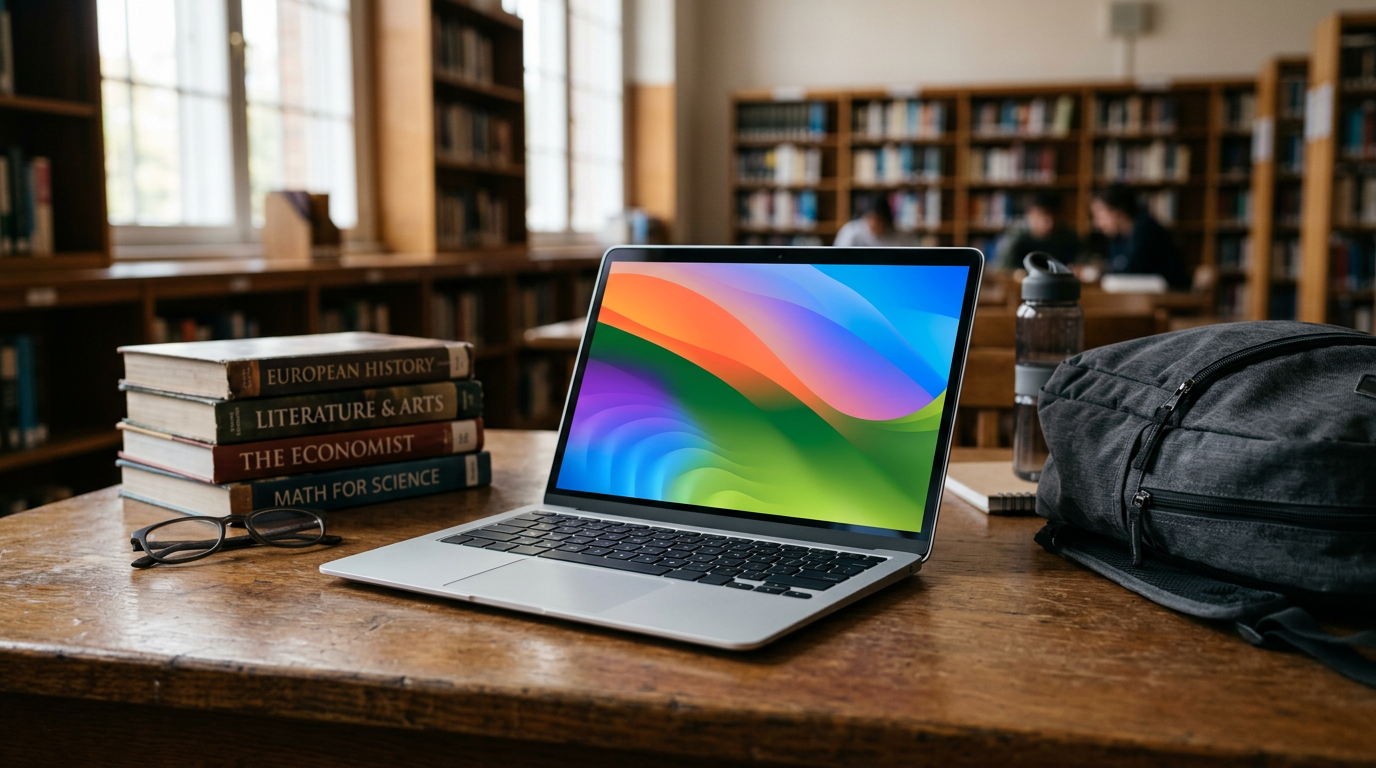 Concept budget MacBook open on a school library desk next to textbooks and a backpack