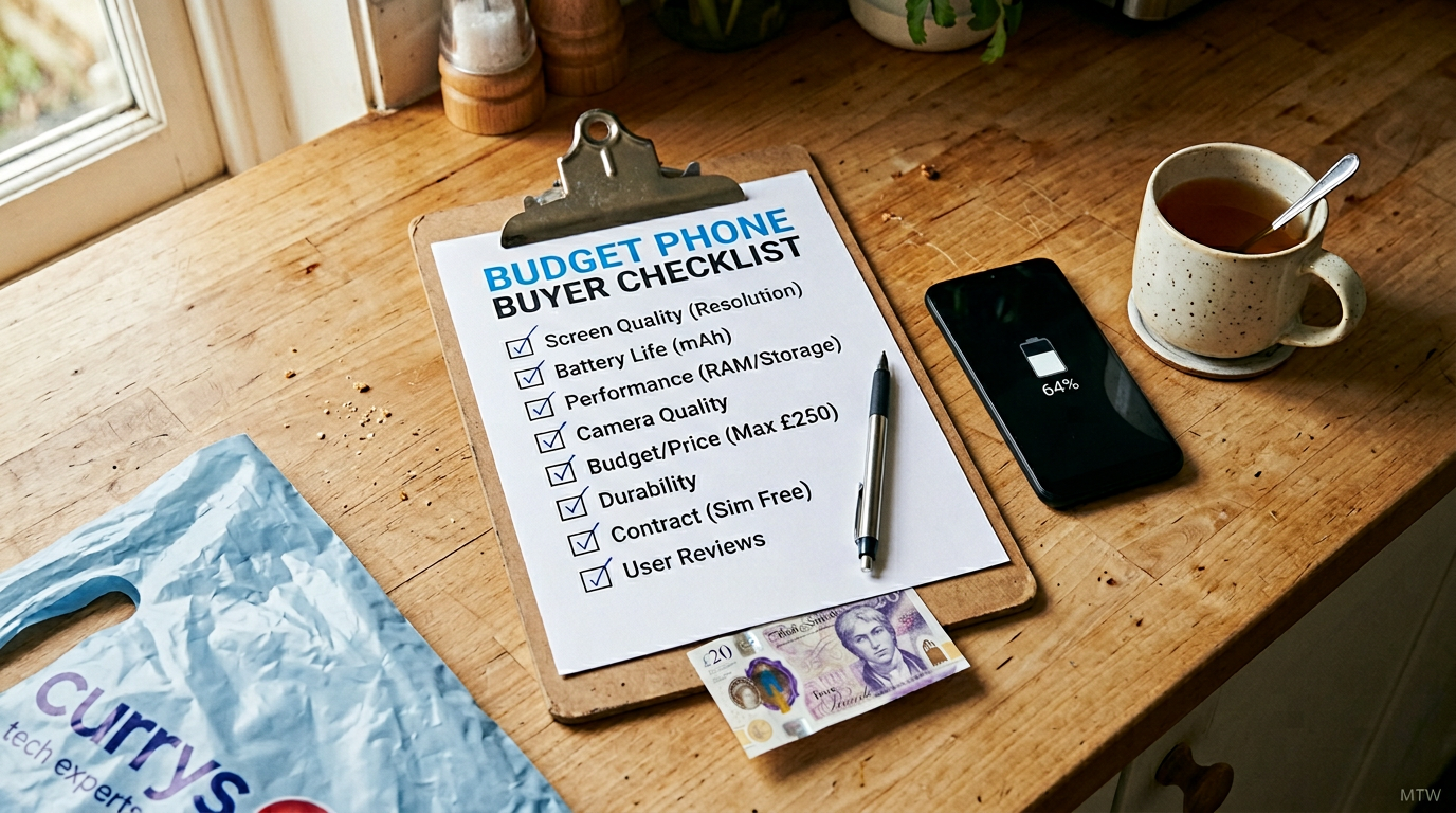 UK budget phone buyer checklist on a clipboard