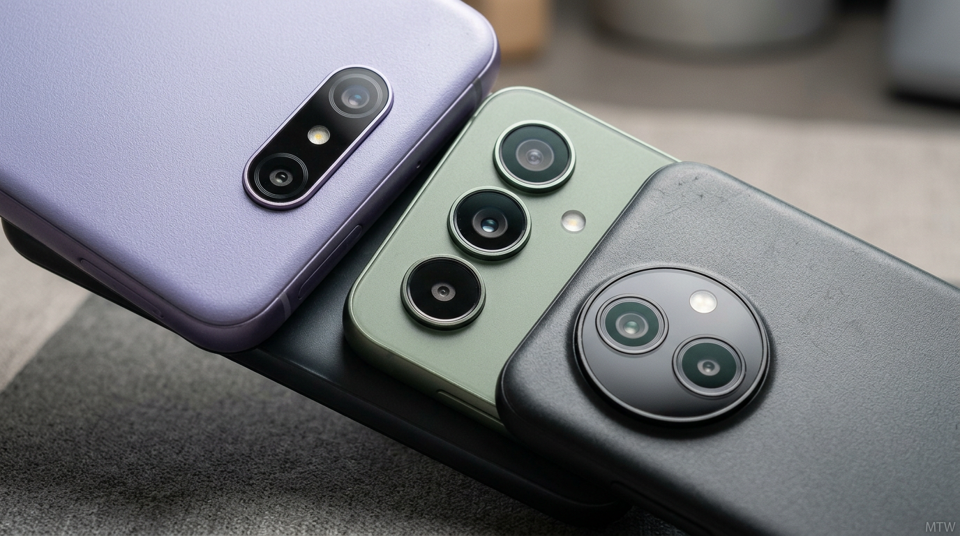 Macro of camera modules on three budget phones