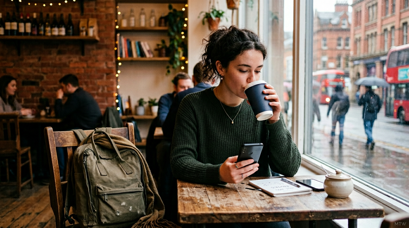 UK student using a budget phone in a coffee shop