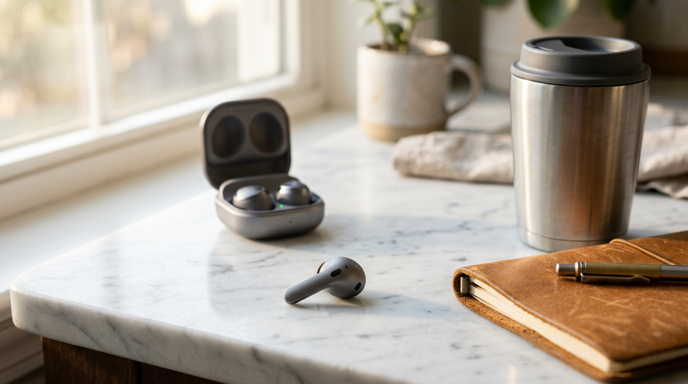 Samsung Galaxy Buds 4 Pro on a wooden desk beside a phone and notebook