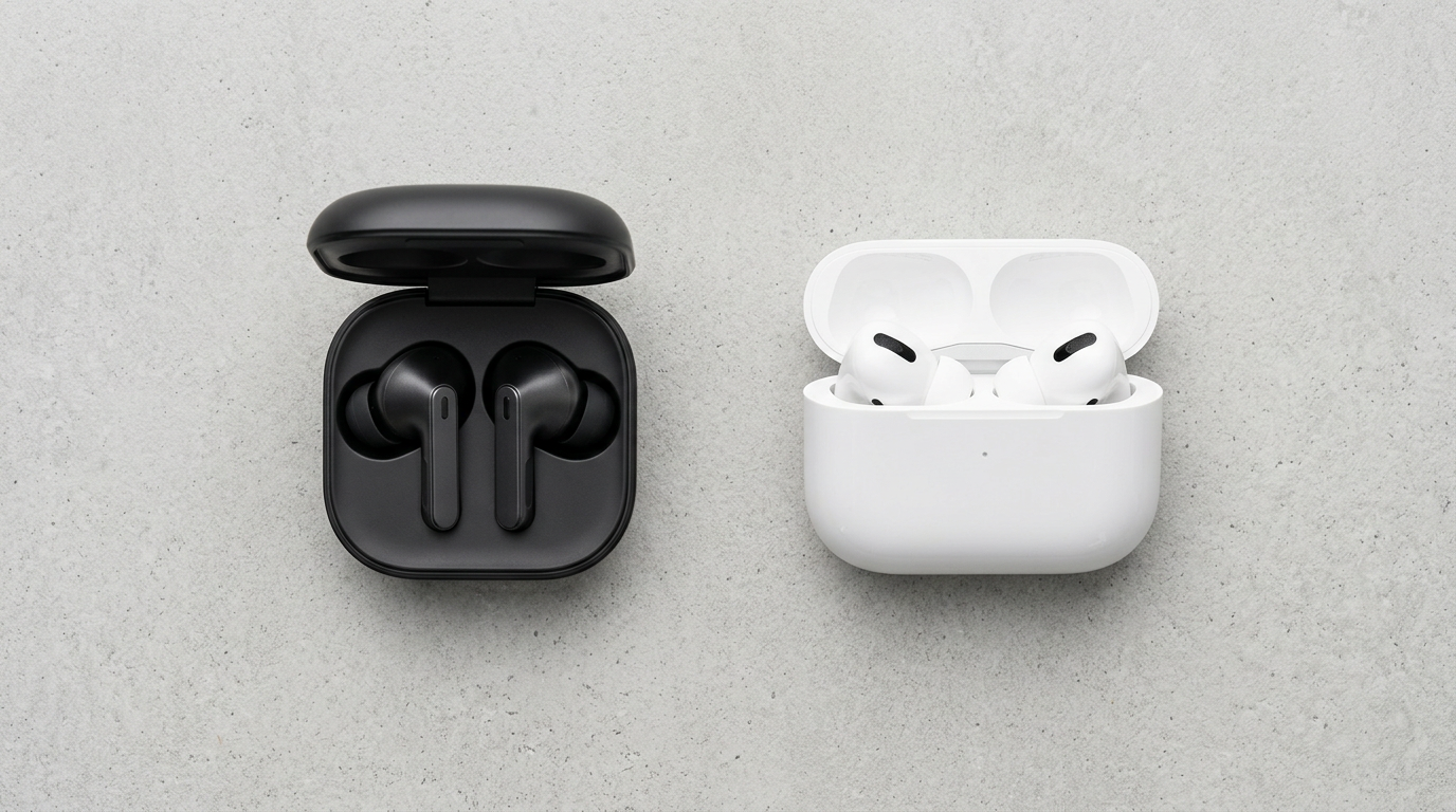 Samsung Galaxy Buds 4 Pro in their case beside Apple AirPods Pro 3 in their case
