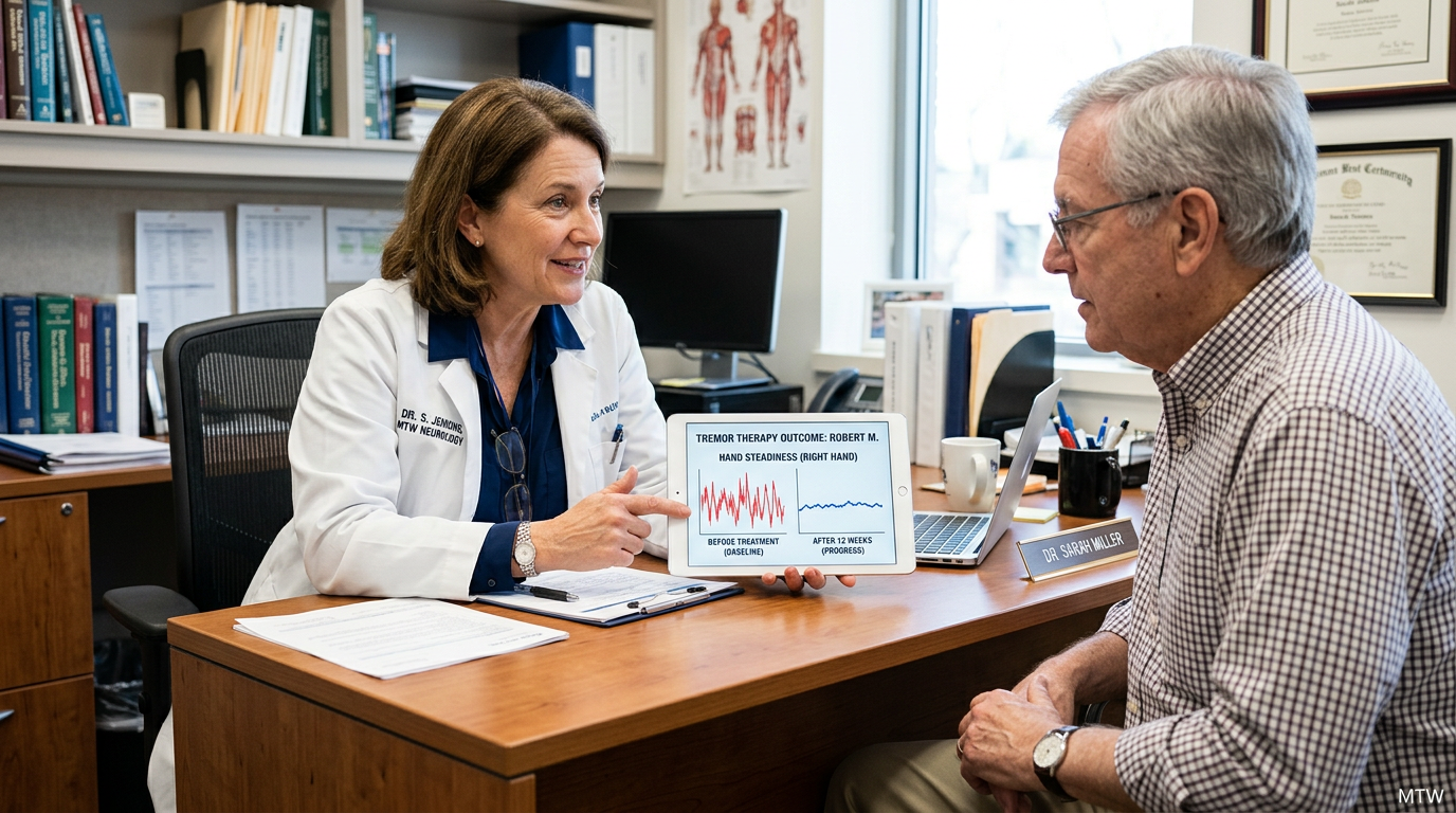 Editorial photo of a clinician with a neuromodulation wrist device