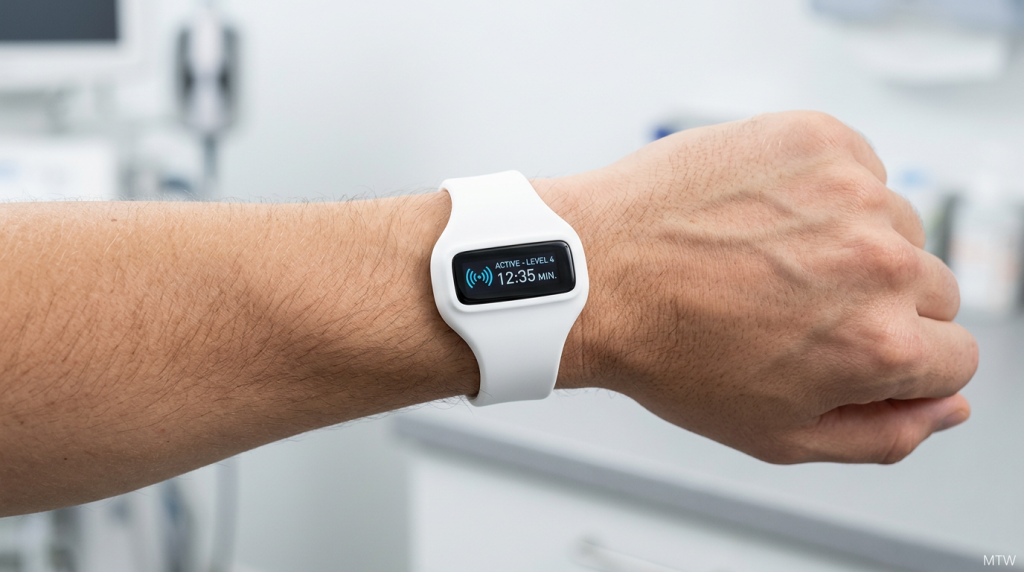Editorial render of a Cala-style neuromodulation wrist wearable