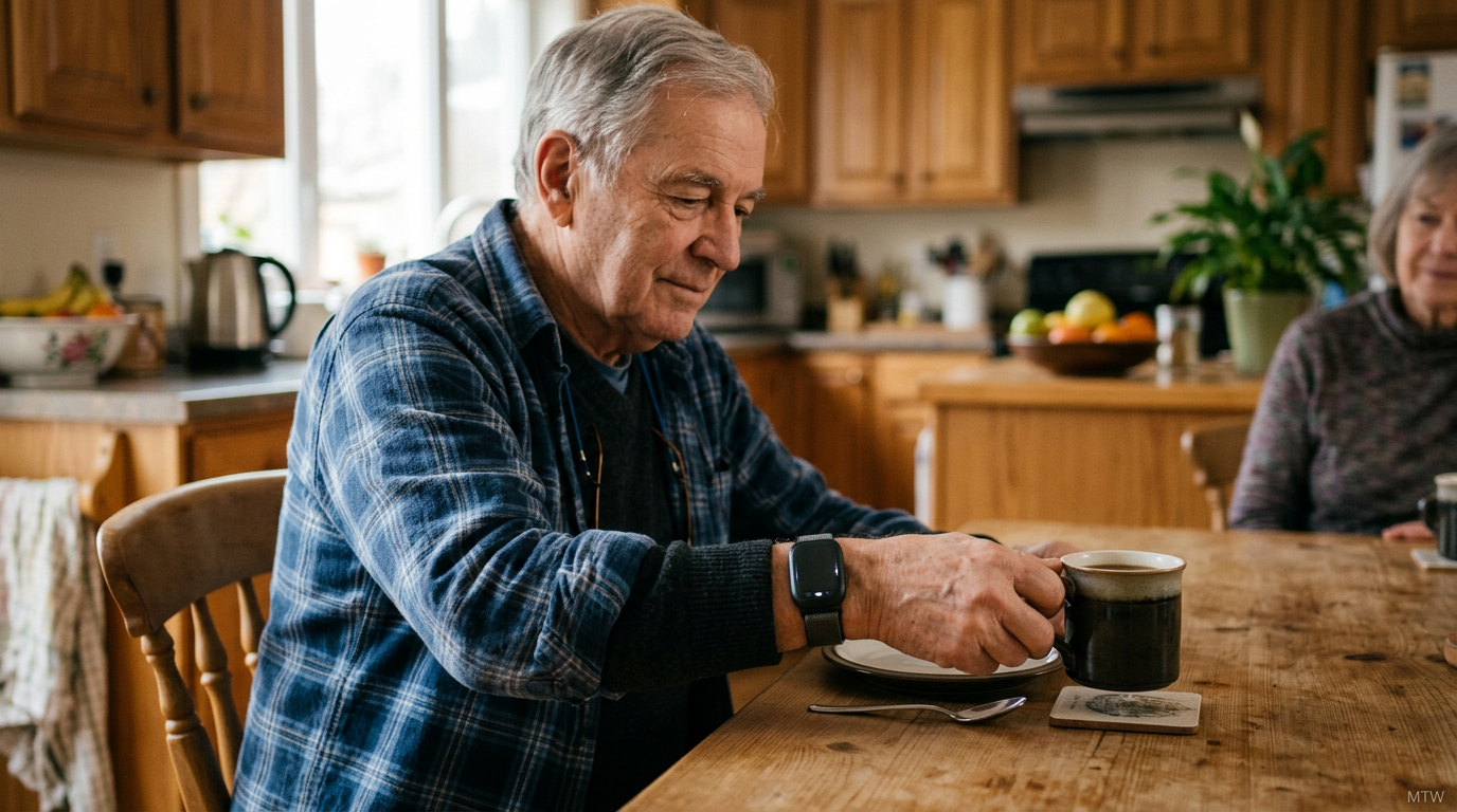 Cala kIQ Plus: Editorial photo of a patient using a neuromodulation wrist wearable at home