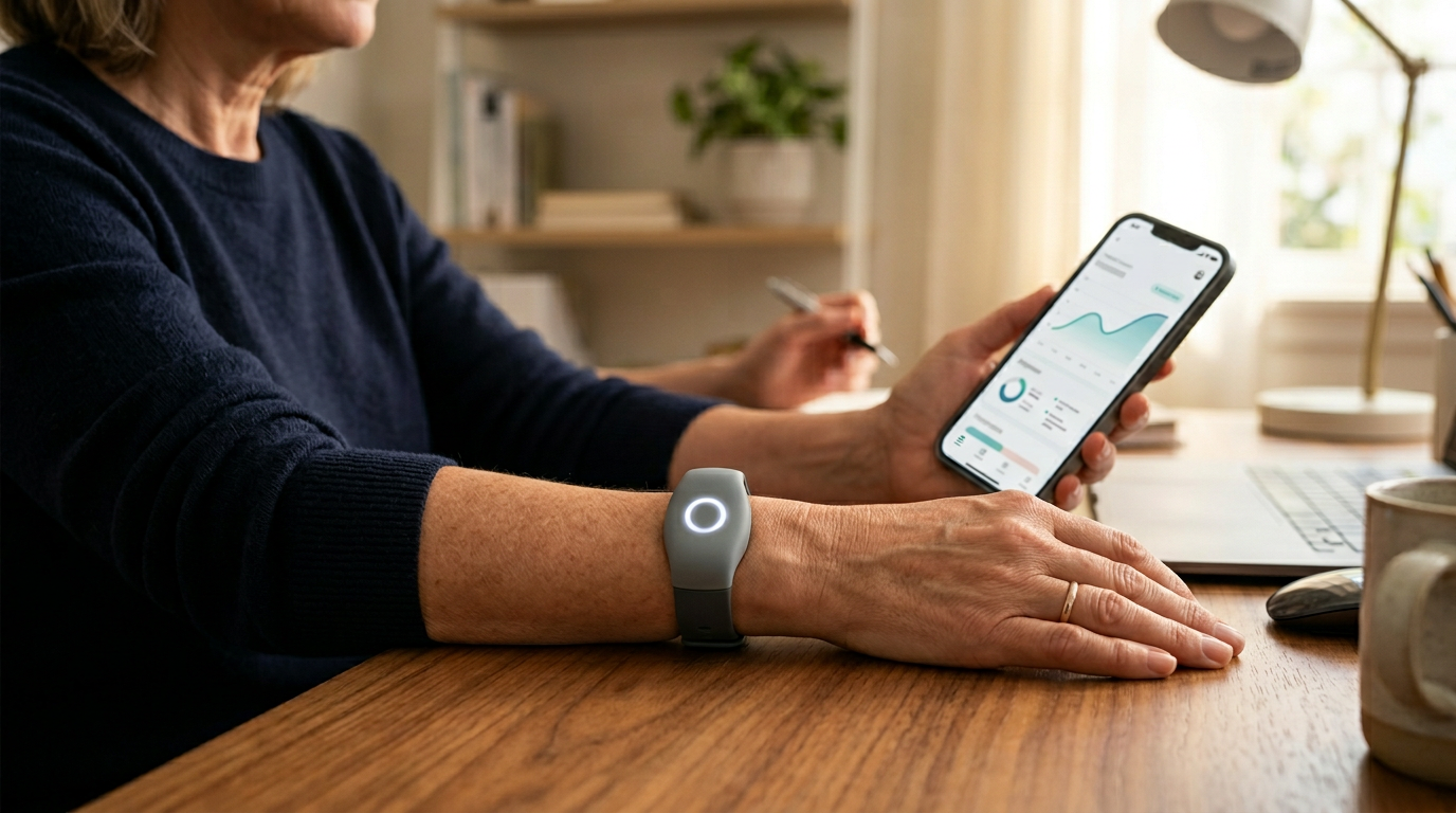 Editorial photo of a wrist wearable and companion smartphone app