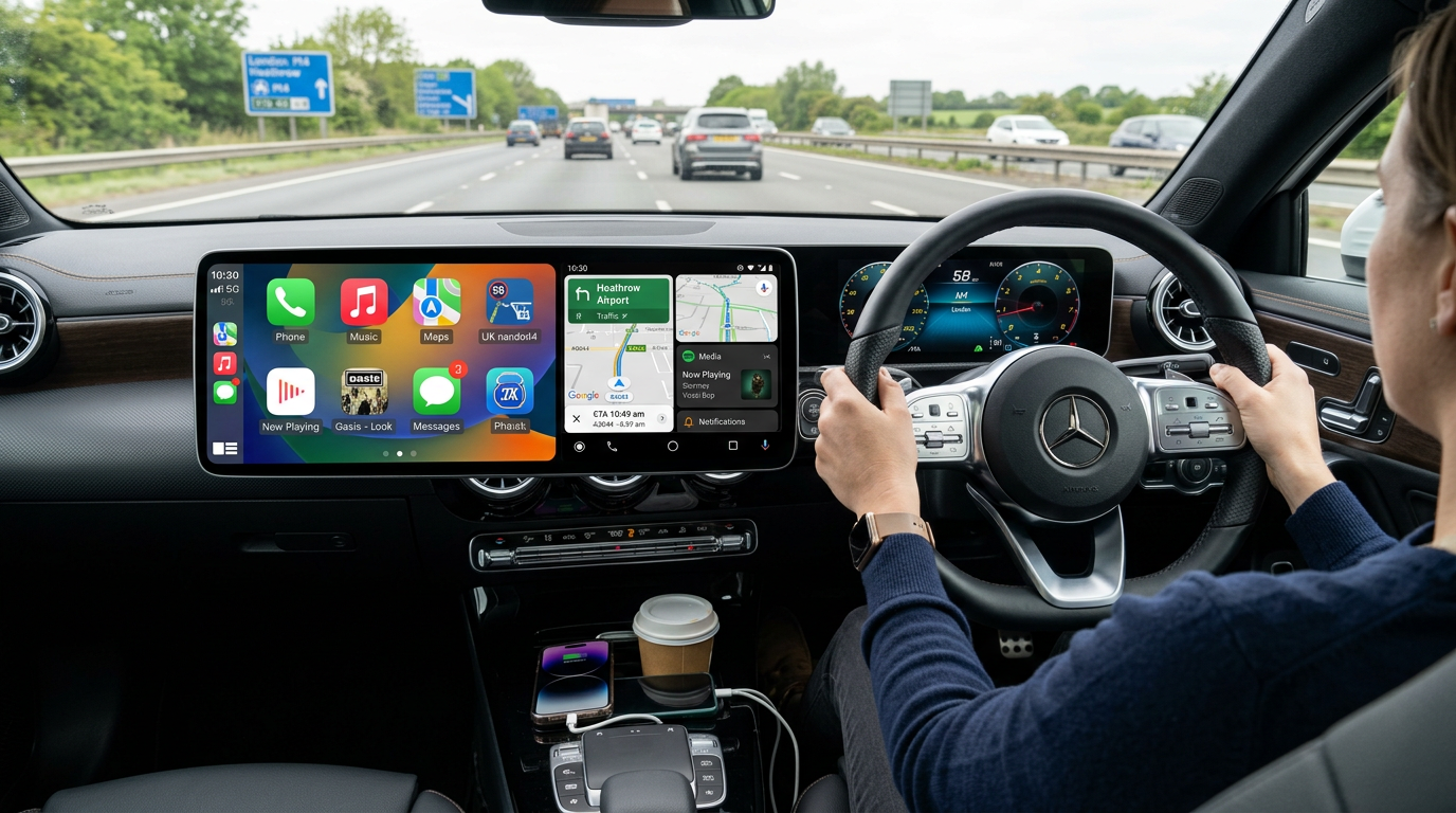 Modern car infotainment screen split between Apple CarPlay and Android Auto interfaces in a moving vehicle