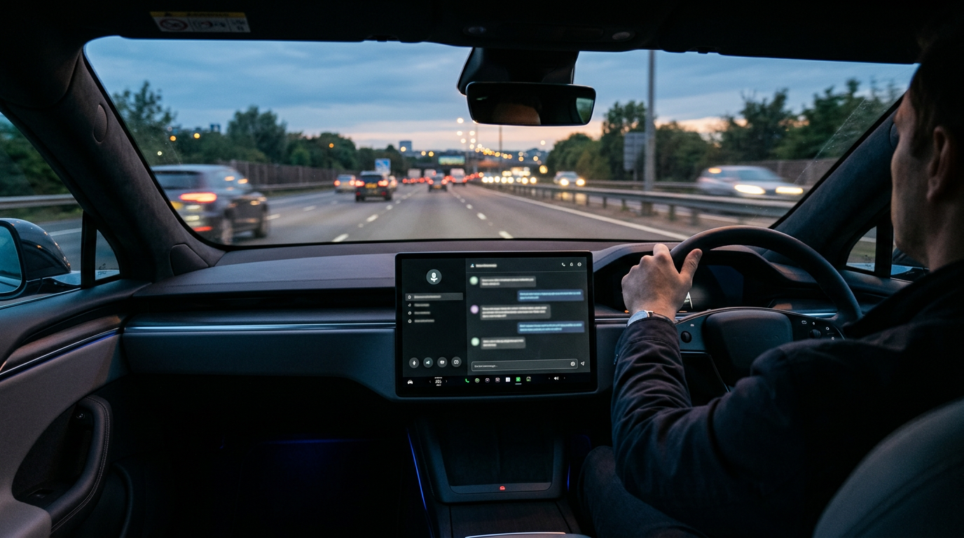 ChatGPT-style assistant interface on a car dashboard touchscreen during a UK motorway drive at dusk