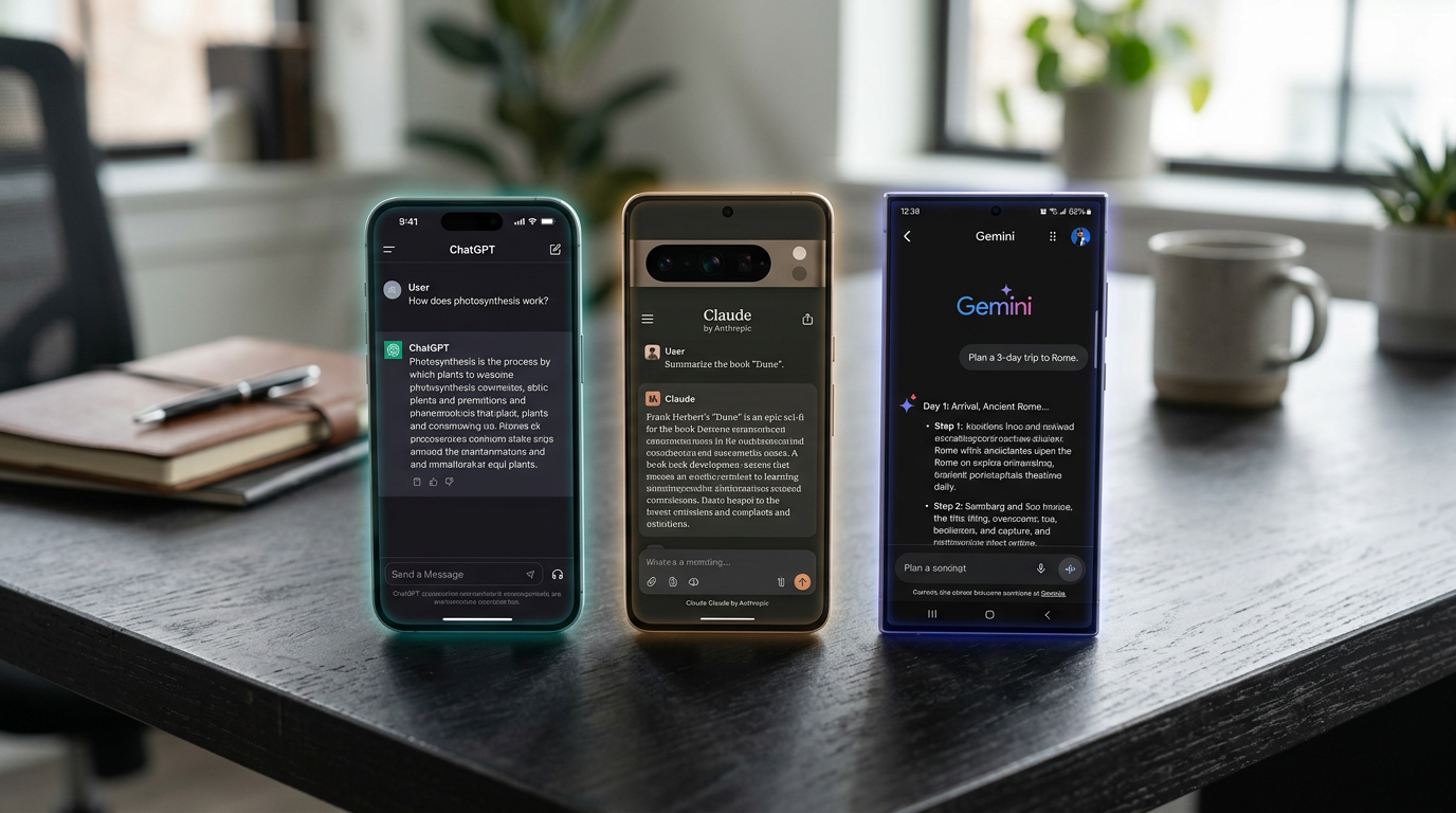 Three smartphones lined up showing the ChatGPT, Claude and Gemini chat interfaces on a charcoal desk