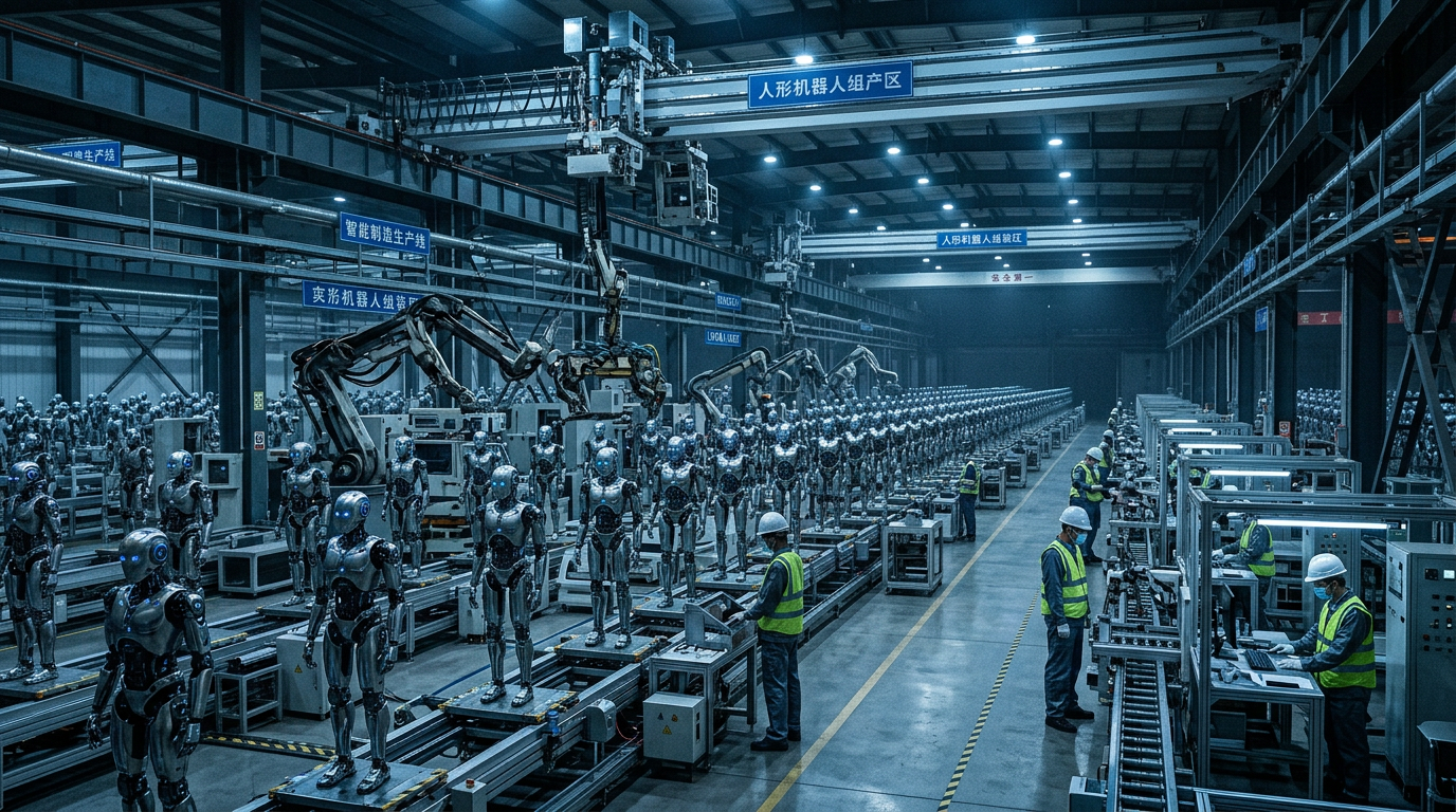Vast Chinese factory floor with rows of identical humanoid robots being assembled by workers and robotic arms