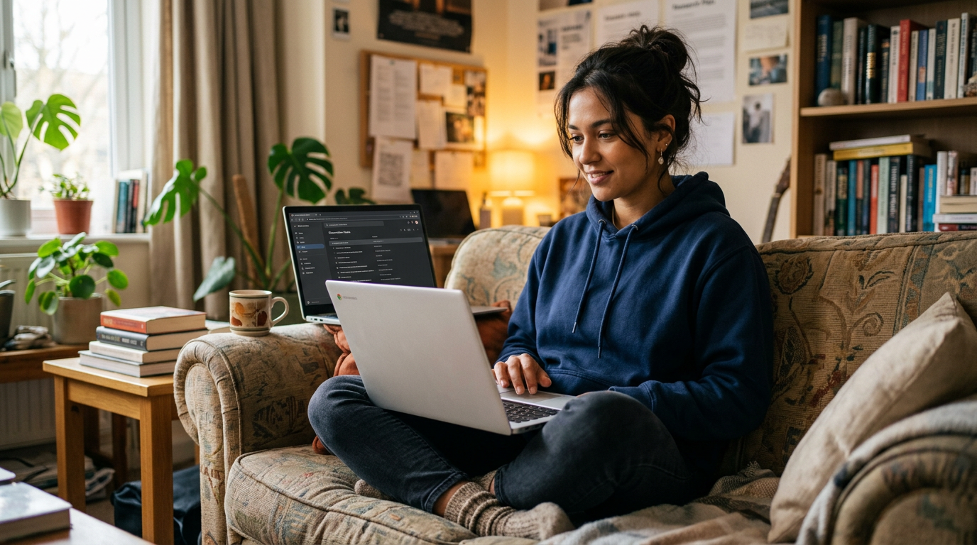 Student typing on a modern Chromebook laptop at a sunlit desk