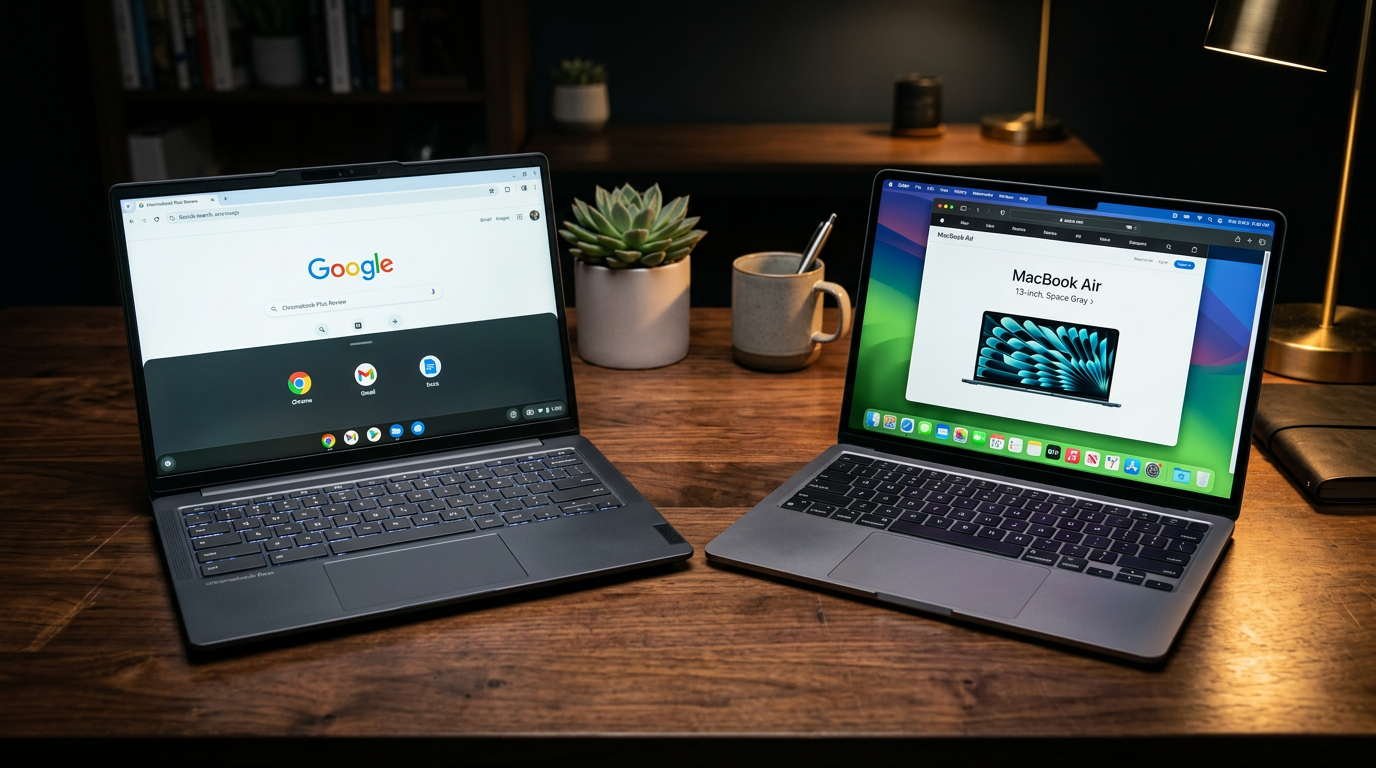 Chromebook Plus and MacBook Neo budget laptops open side by side on a slate desk in studio lighting