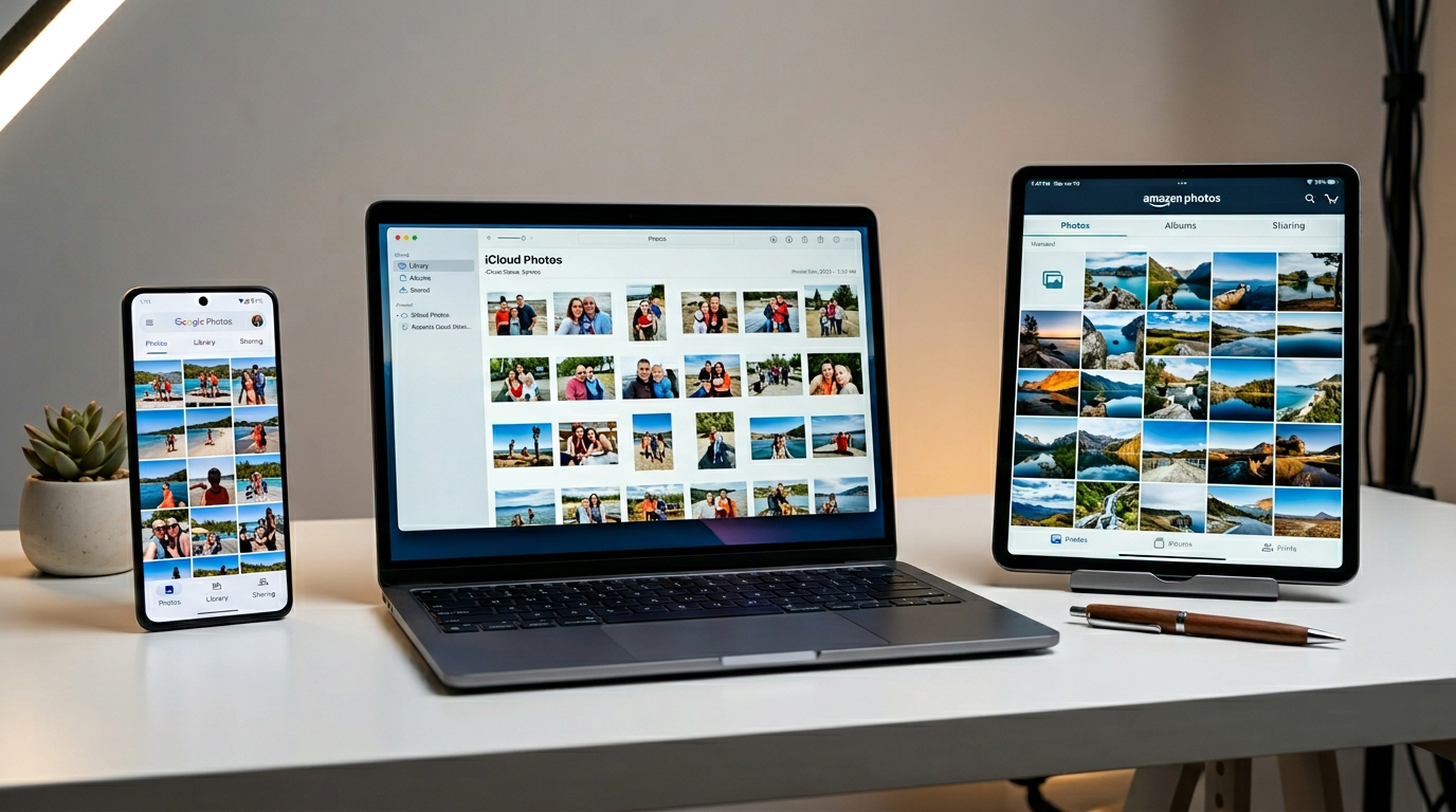 Smartphone, laptop and tablet on a clean white desk displaying Google Photos, Apple iCloud and Amazon Photos interfaces side by side