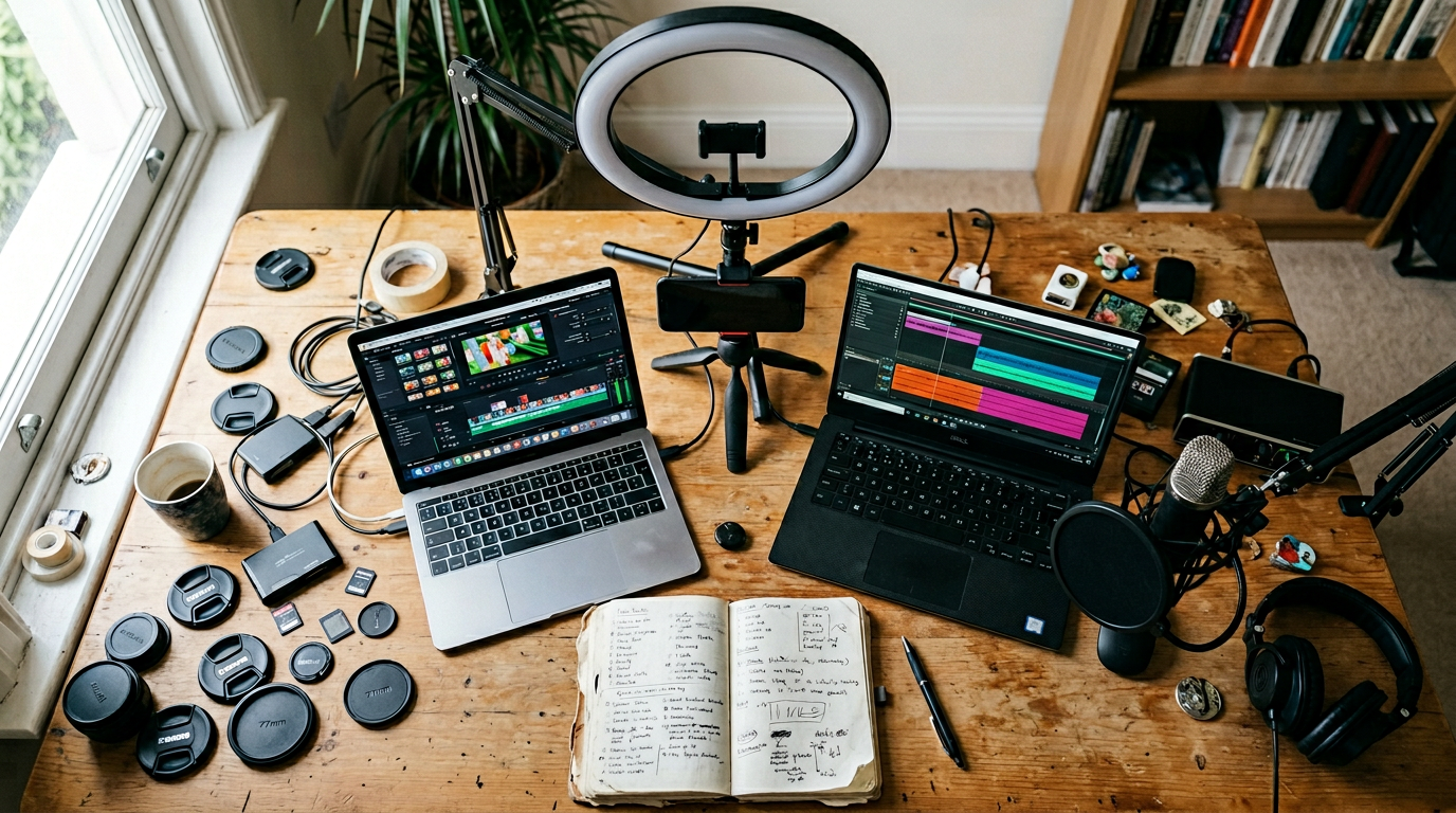 Creator workspace with phone tripod and ring light