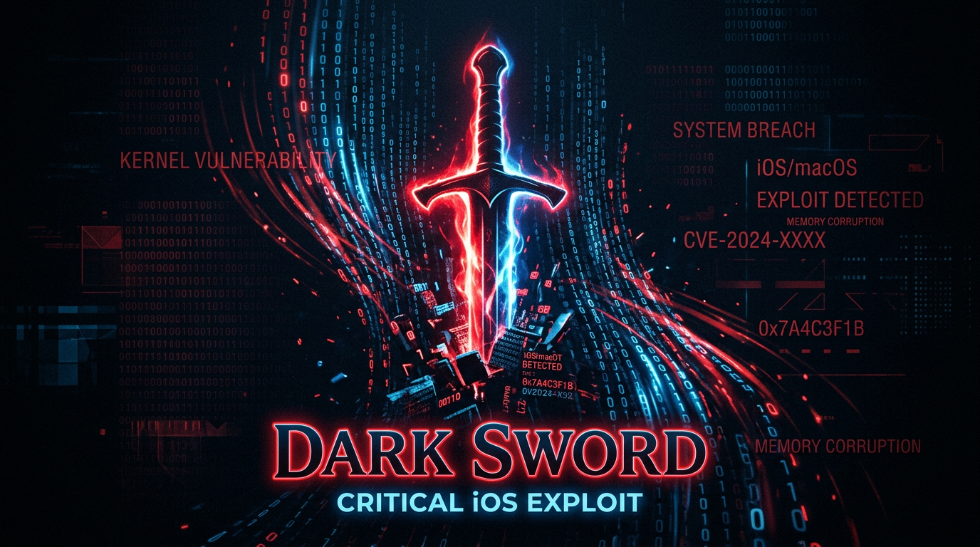 Abstract dark concept art of the DarkSword iOS exploit with a glowing red sword silhouette over code