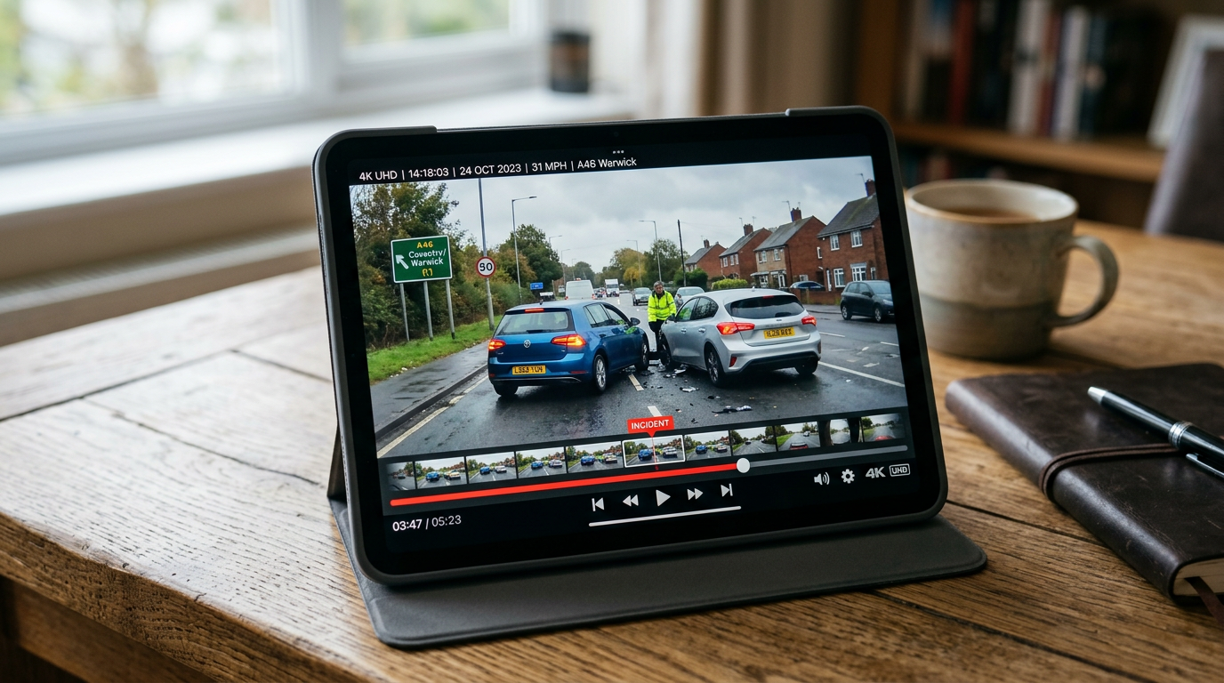 Tablet on a wooden table showing dash cam footage of a UK road from an electric car in 4K resolution