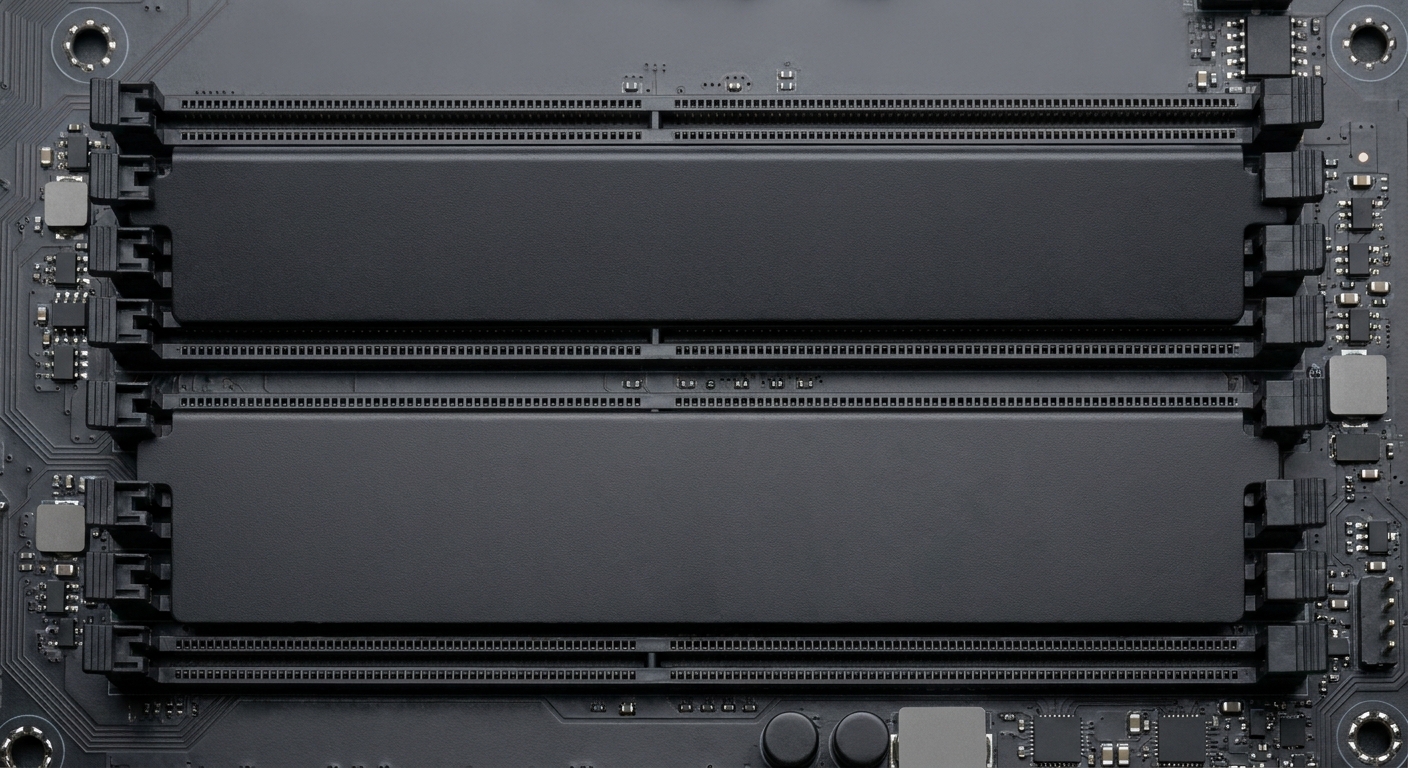 Close-up of two DDR5 memory modules seated in motherboard memory slots with no hands visible