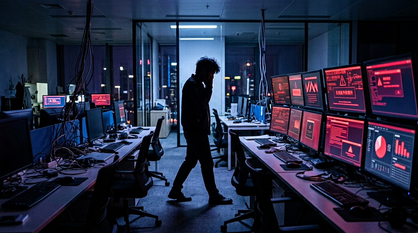 Operations centre with red error monitors during a DeepSeek 7-hour outage