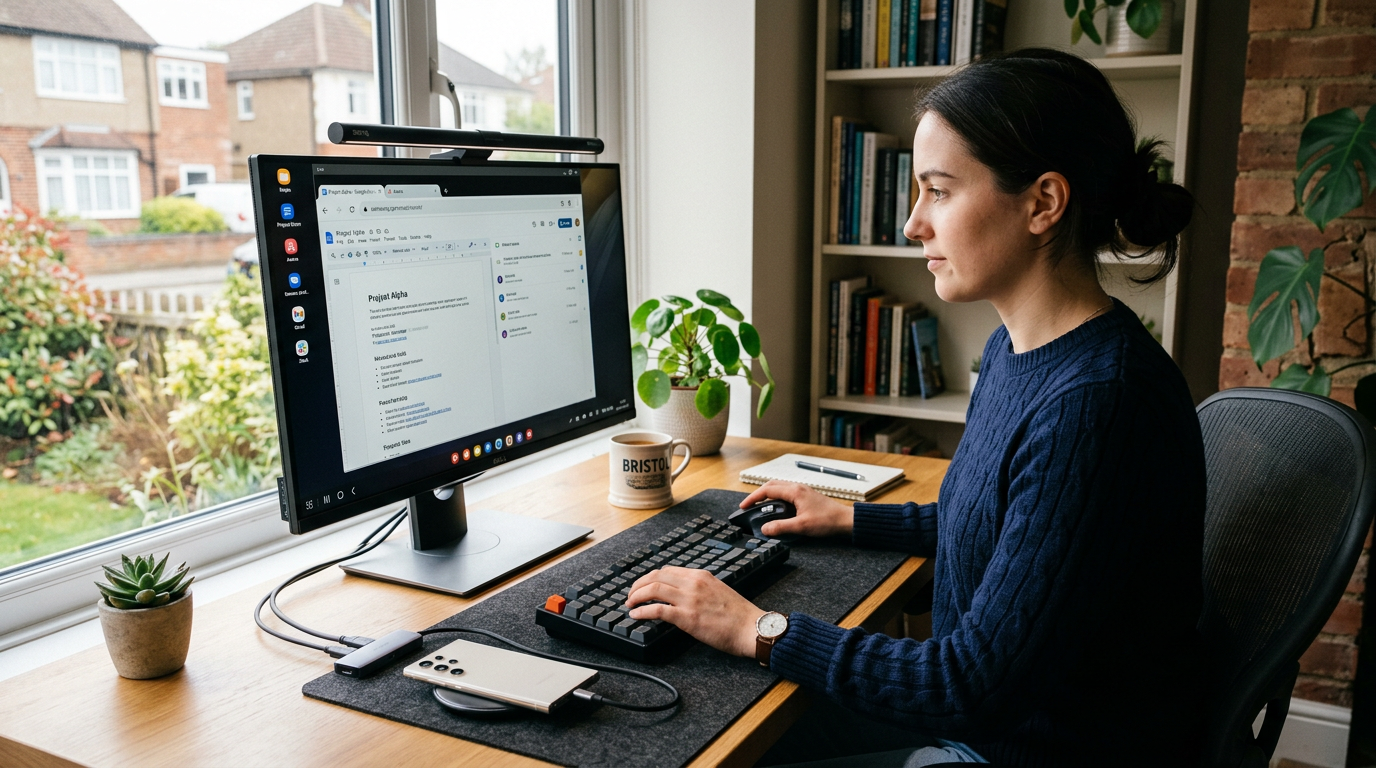 Person using Samsung DeX with a Galaxy phone connected to a monitor, keyboard and mouse working at a UK home office desk
