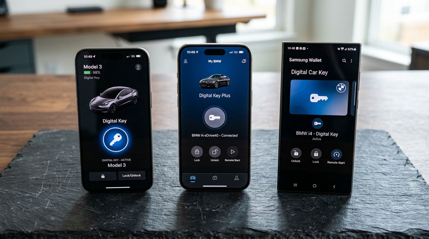 Smartphone on a slate surface showing Tesla, BMW and Samsung Wallet digital car key apps stacked in a UI mockup