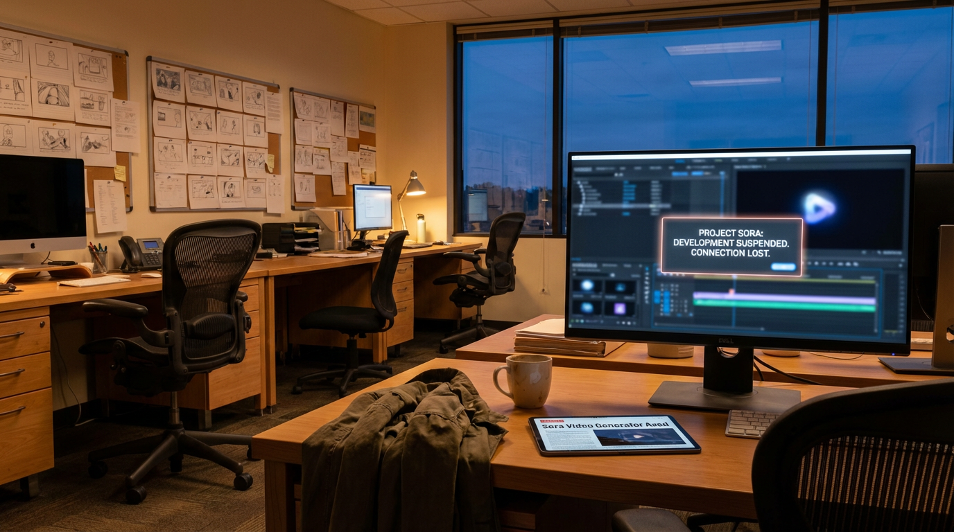 Disney animation storyboard with concept art pinned to a studio wall lit by warm dusk light
