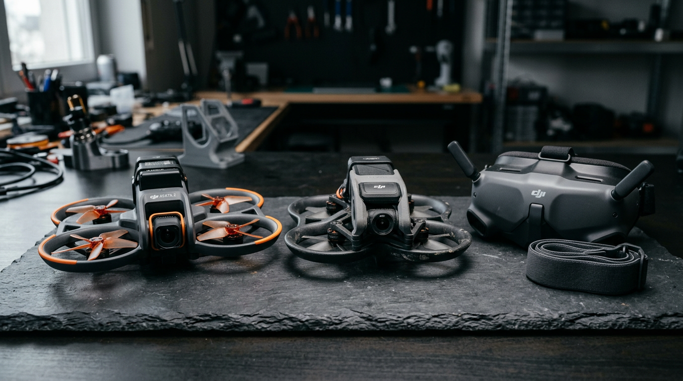 DJI Avata 2 and Avata 360 FPV drones side by side on a slate surface with goggles in the background