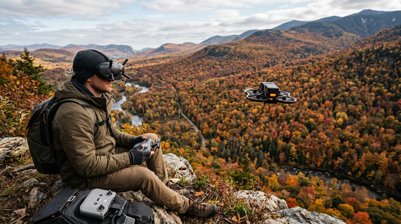 Pilot wearing DJI Goggles flying an Avata FPV drone through a UK forest at golden hour