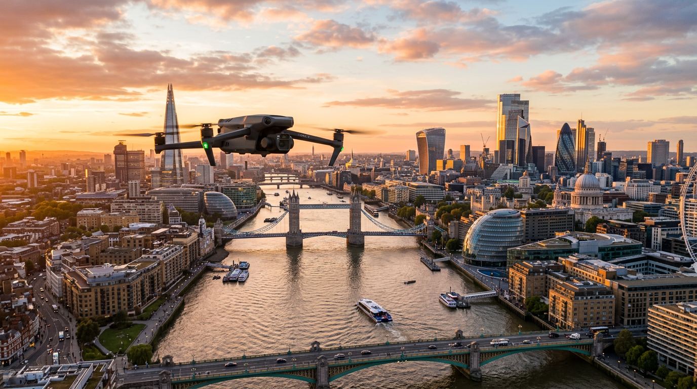DJI drone flying above the London skyline at sunrise with the Thames and city skyline below