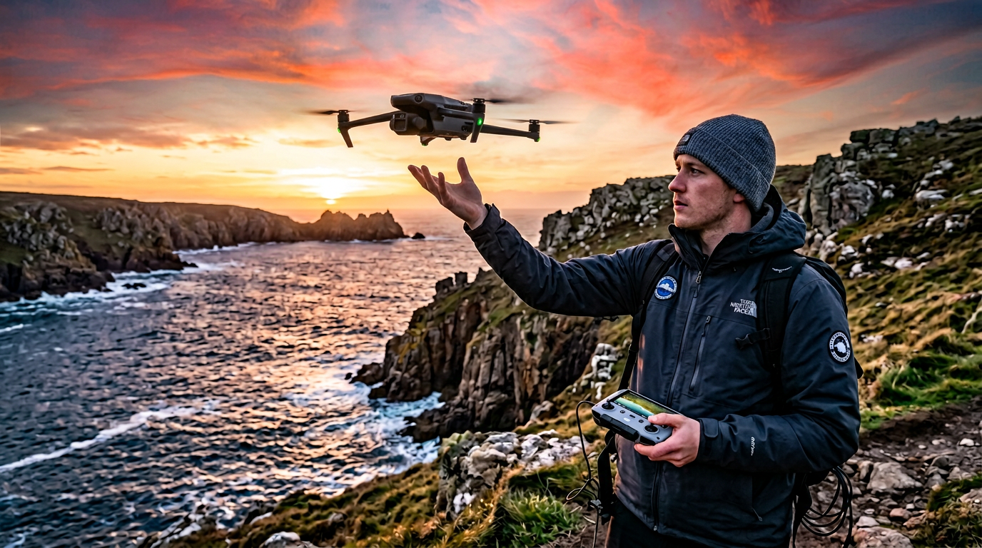 DJI quadcopter drone hovering above a dramatic UK coastline cliff at golden hour with the sea below