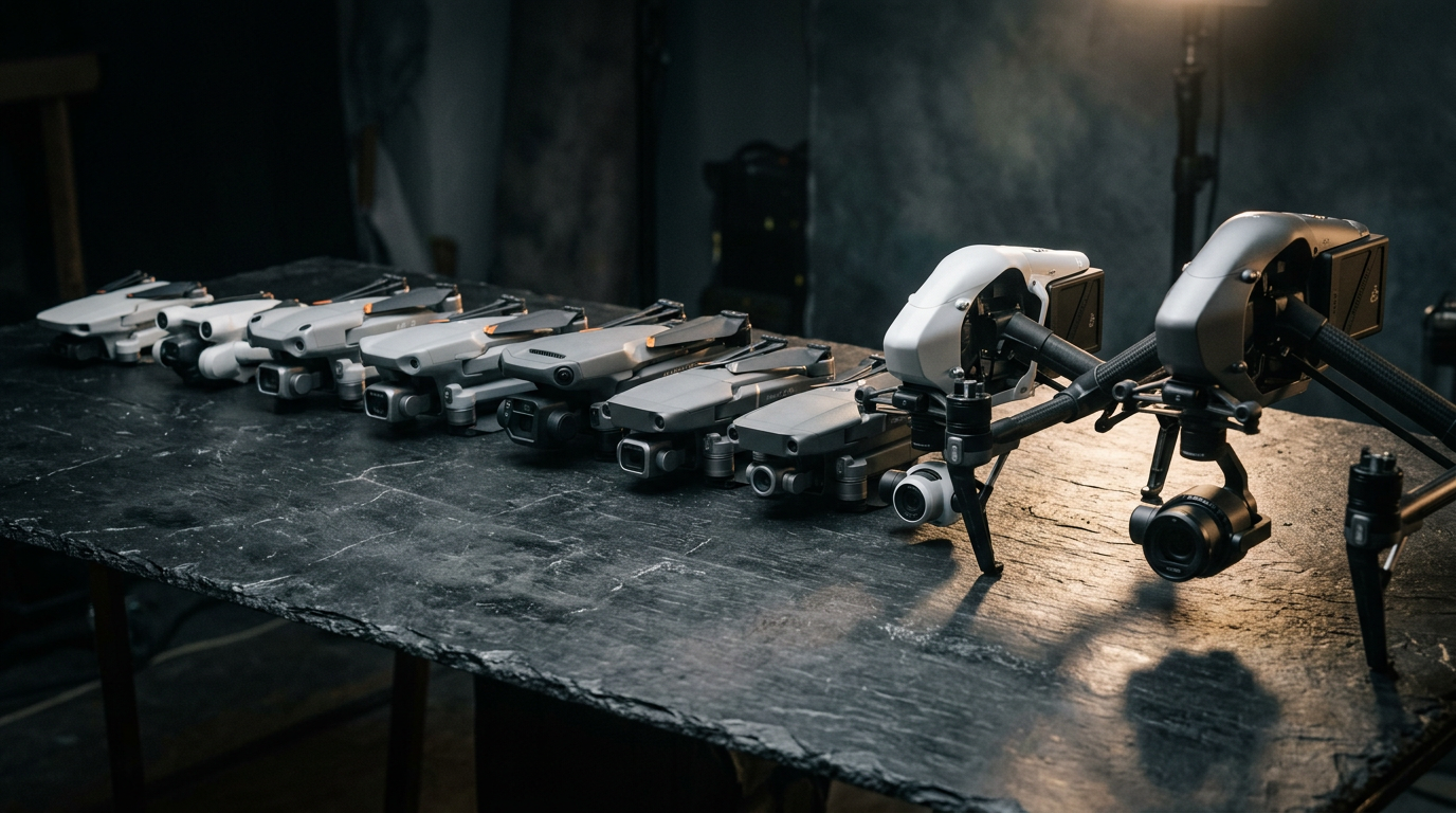 Lineup of DJI consumer drones from Mini to Mavic to Inspire on a slate surface with dramatic studio lighting