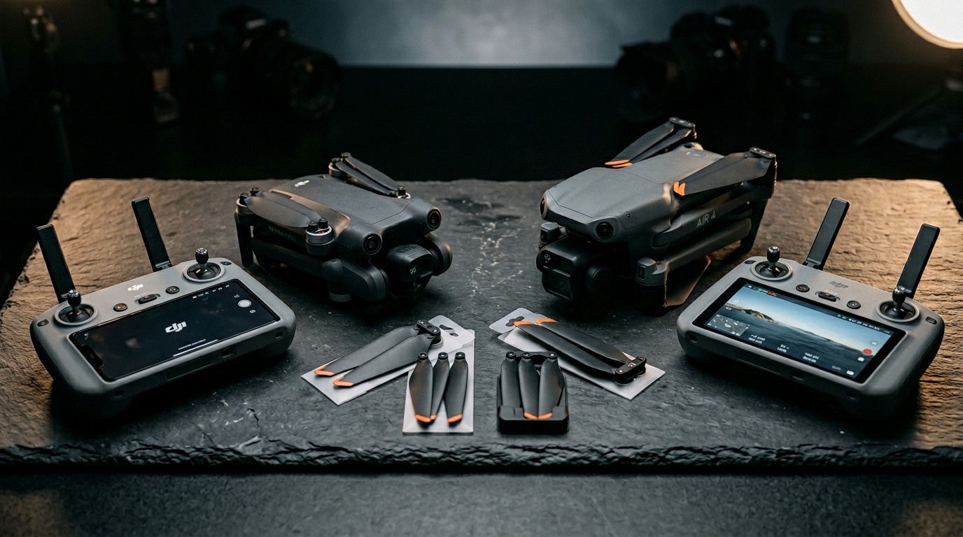 DJI Mini 4 Pro and DJI Air 3S drones folded side by side on a slate surface with their controllers in the background