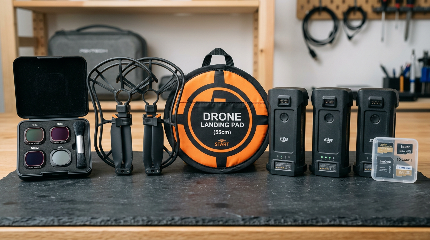 Lineup of drone accessories including ND filters, propeller guards, foldable landing pad, spare batteries and SD cards on slate