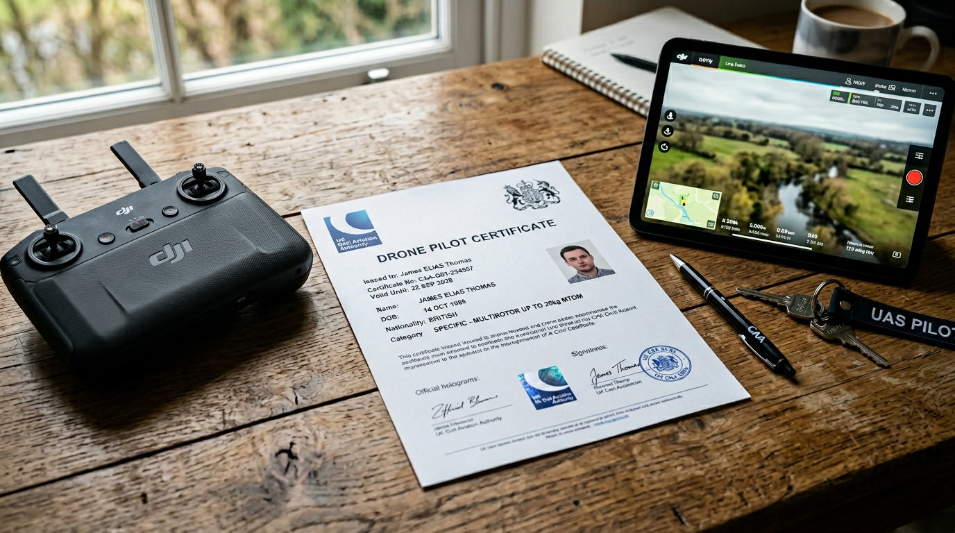 UK CAA drone pilot certificate document on a wooden desk with a quadcopter controller and tablet showing flight planning
