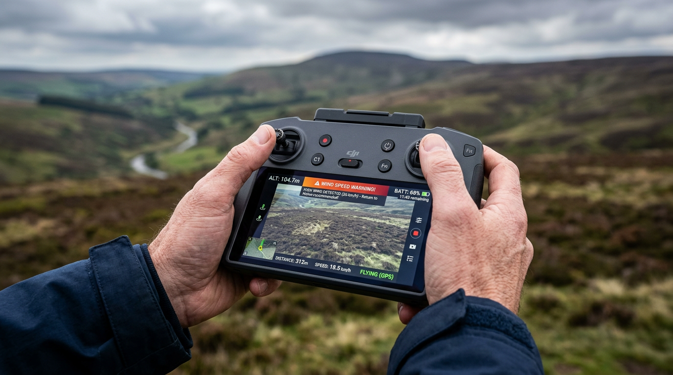 Pilot's hands holding a drone controller whose screen displays a wind speed warning, battery level and altitude