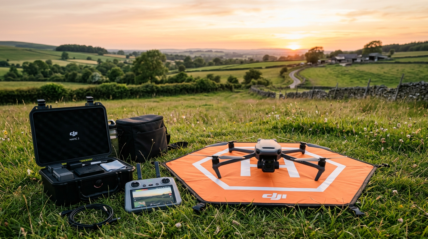DJI quadcopter drone parked on an orange foldable landing pad in a UK countryside field at golden hour
