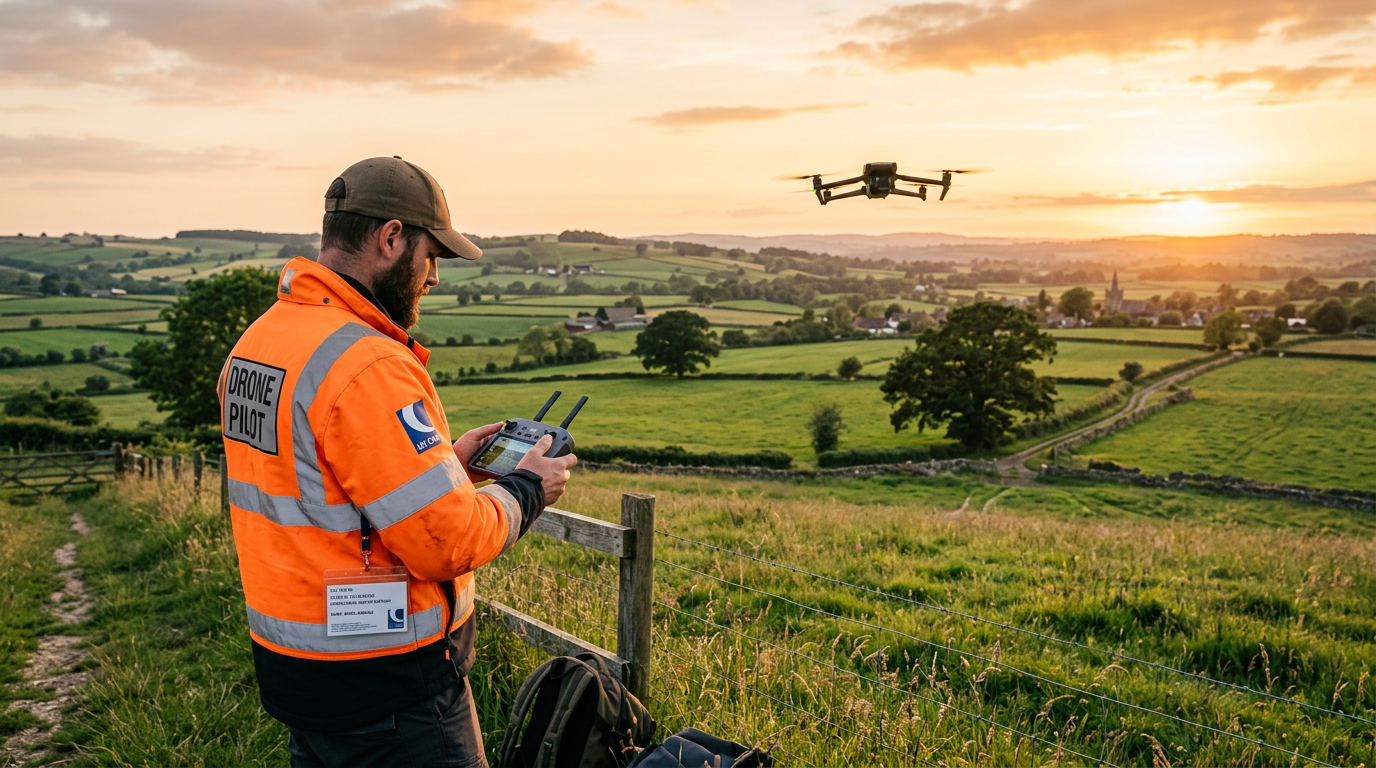 Drone pilot in a high-vis jacket flying a quadcopter over UK countryside fields at golden hour with a CAA flyer ID visible