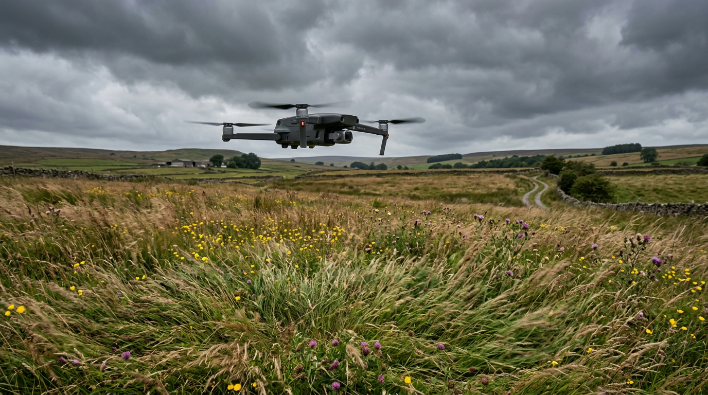 Quadcopter drone hovering steadily over a windy UK countryside field with grass and wildflowers blown sideways