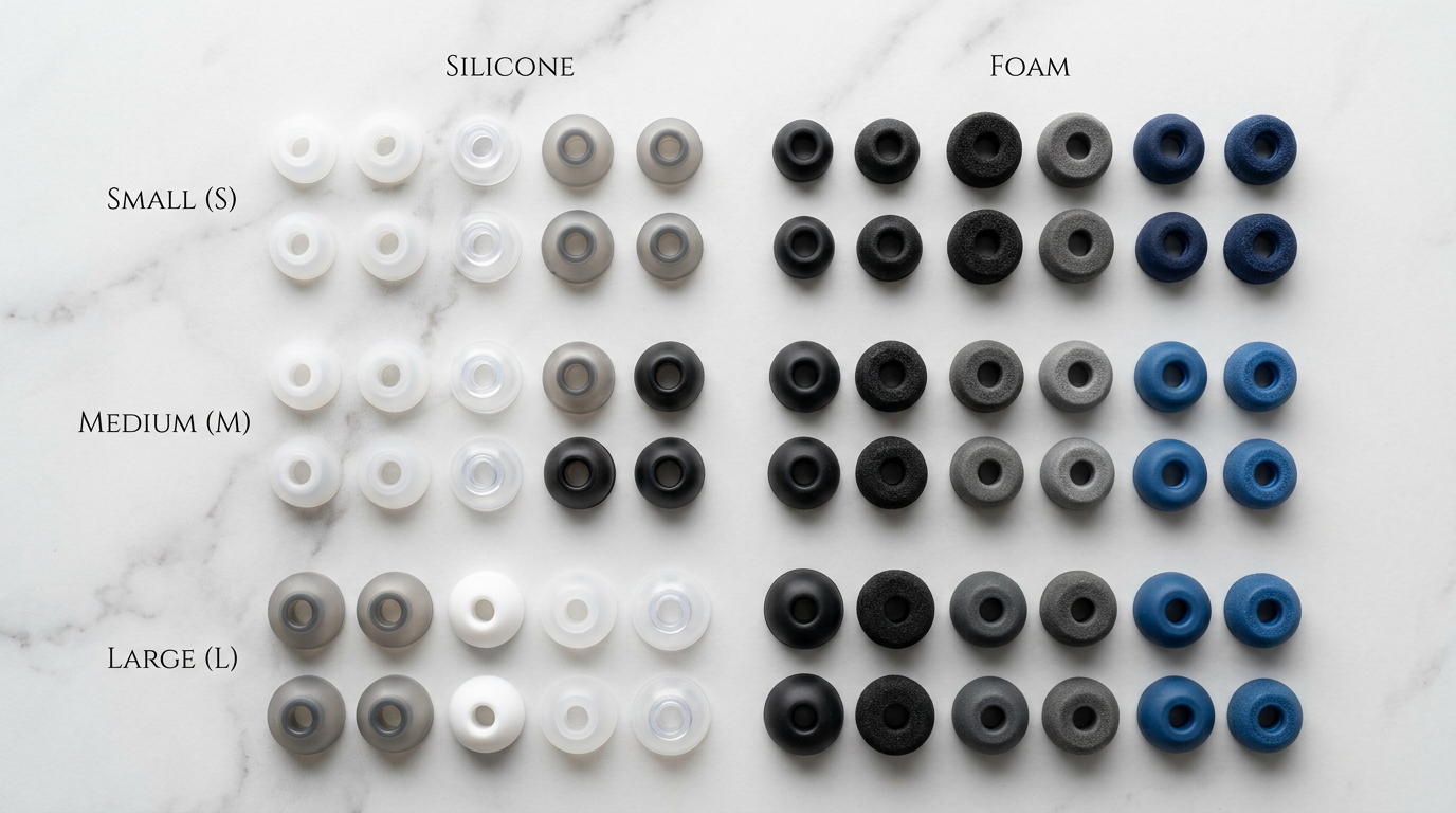 Selection of silicone and foam wireless earbud ear tips in S, M and L sizes laid out neatly on a marble surface