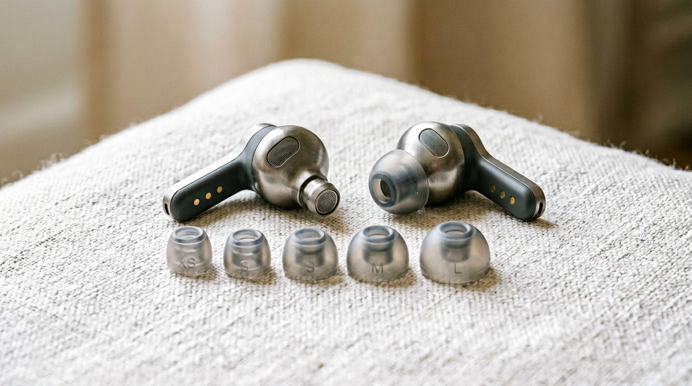 Set of small, medium and large silicone replacement ear tips beside a wireless earbud