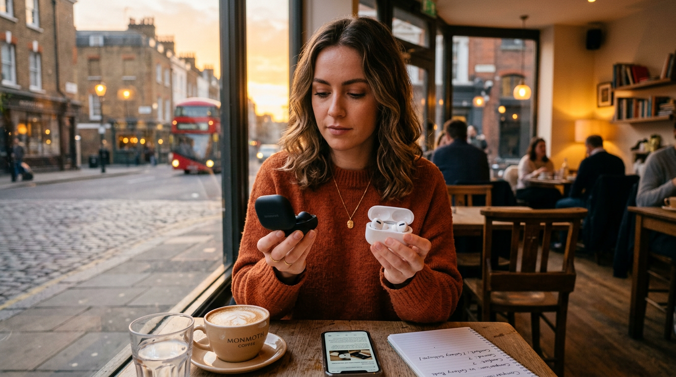 Young woman comparing AirPods Pro and Galaxy Buds Pro wireless earbuds in a London cafe at sunset