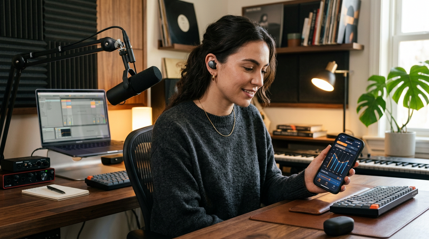 Woman in a home recording studio wearing premium wireless earbuds and adjusting an EQ app on a smartphone