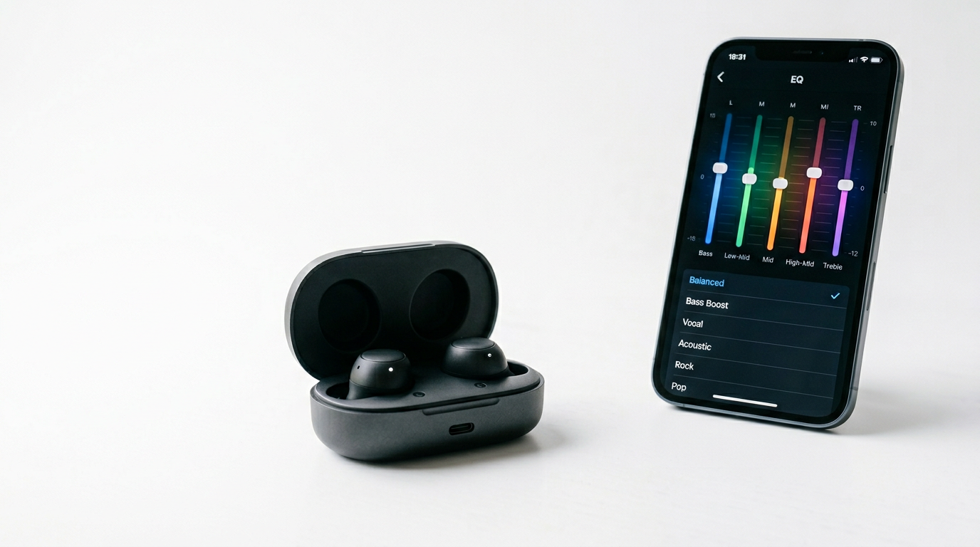 Wireless earbuds in their charging case beside a phone showing an equaliser interface
