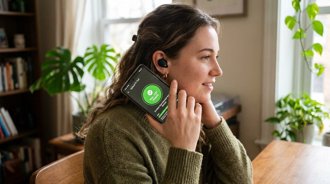 Person holding a smartphone showing a passed seal test next to wireless earbuds in their ear